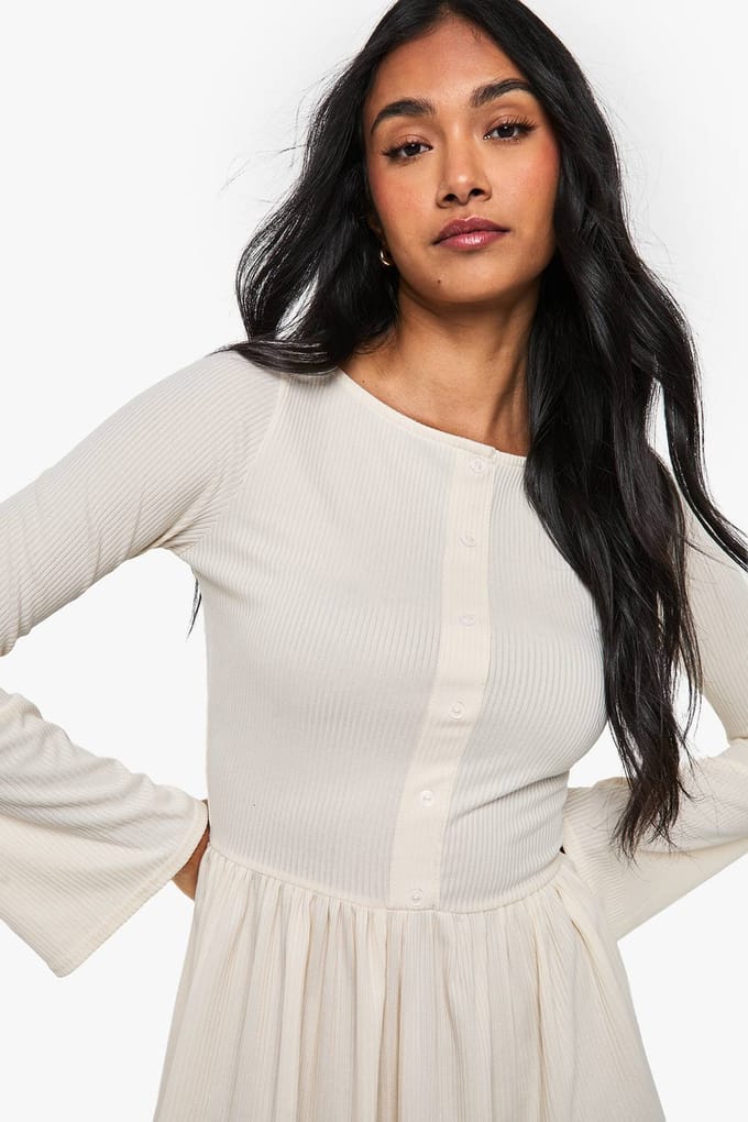 boohoo Dames Rib Drop Hem Button Down Mini Jurk | Cream | Maat: 12