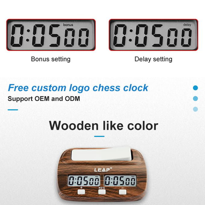 LEAP Schaakklok Digitale Schaaktimer met Vertraging en Bonus Professioneel voor Bordspellen Timer Hout bruin