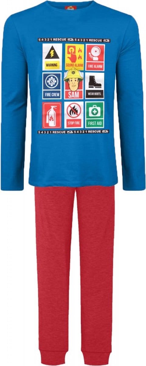 Brandweerman Sam Jongens Pyjama - Maat 128 - Blauw met Rood - Lange Mouwen