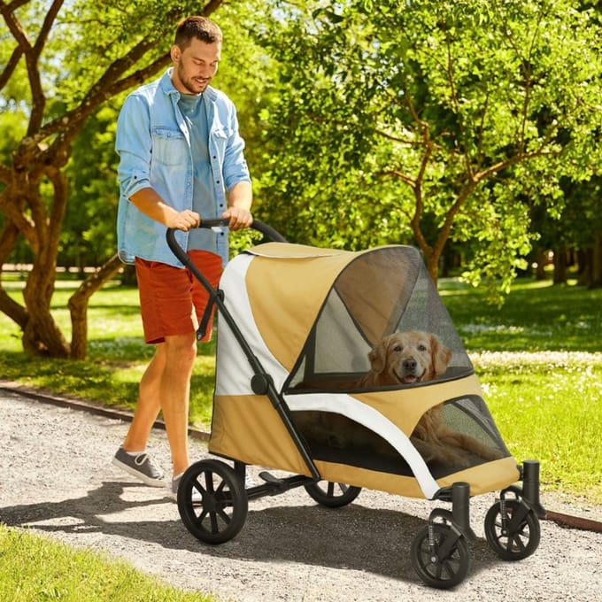 REDOM Hondenbuggy - Opvouwbaar Met 4 Wielen - Modern - Voor Wandelingen - Polyester - Bruin