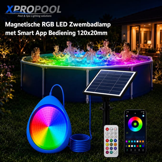 XPRO POOL | Solar Magnetische Zwembadlamp met controller en Smart App Bediening RGB 180x40mm