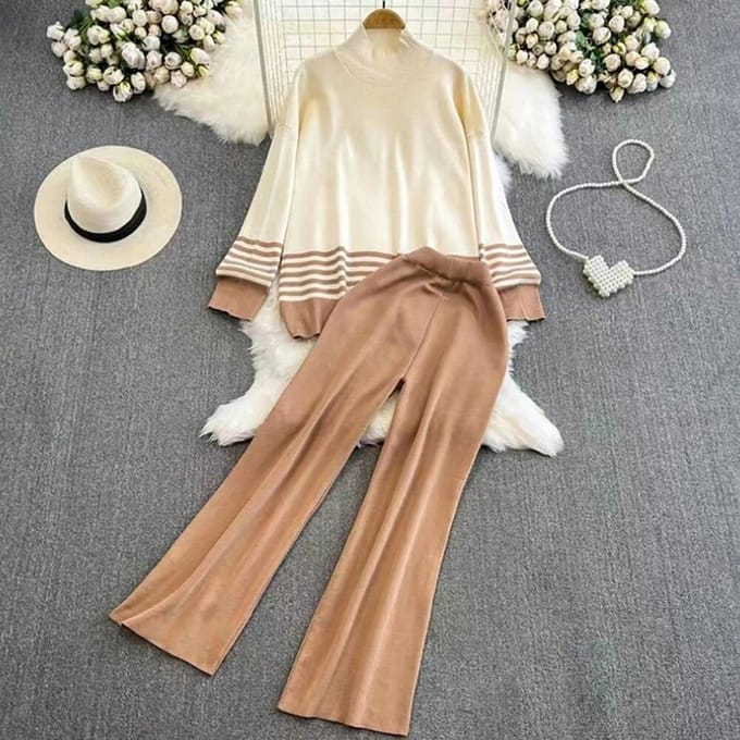 Dames Trui Pakken Truien Broekset Casual OL Kleur Contrast Gestreept Herfst Winter Gebreide Losse Elegantie Tops Elastisch L zwart