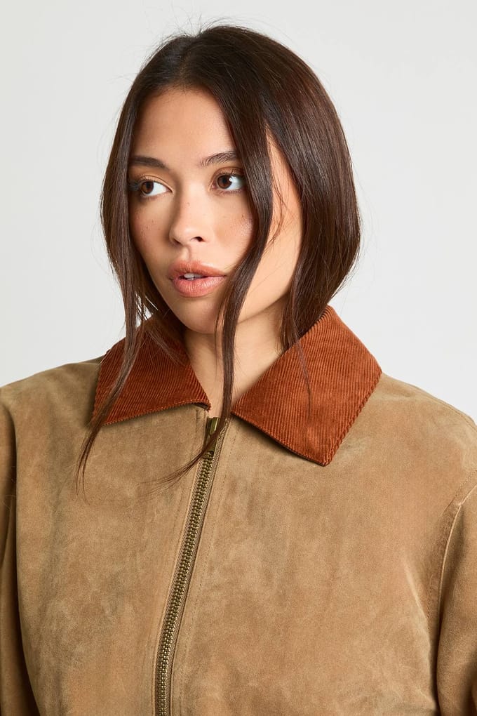boohoo Dames Cord Contrast Kraag Kunstsuede Jas | Brown | Maat: 10