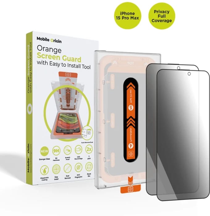 Mobile Origin Privacy Screen Guard iPhone 15 Pro Max with easy applicator - 2 pack