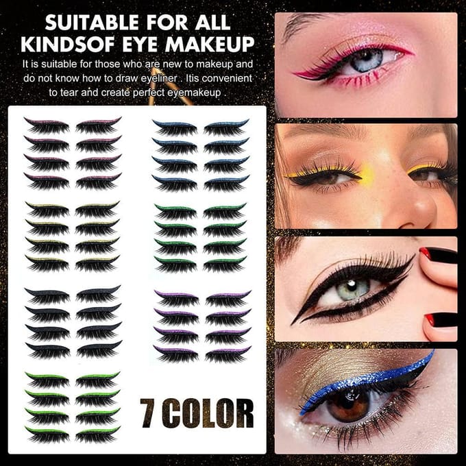 28 Paires d'Autocollants Eyeliner et Cils Réutilisables 7 Couleurs Étanche Eyeliner Cils Réutilisables violet