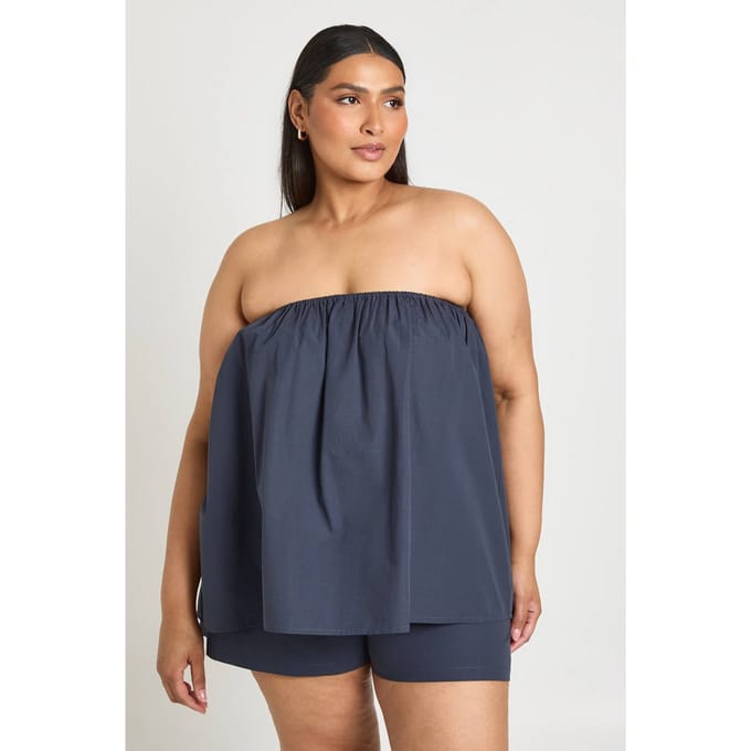 boohoo Dames Plus Poplin Bandeau Smock Top & Wijd Uitlopende Short | Marineblauw | Maat: 46