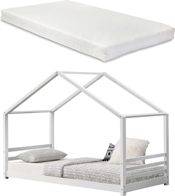 Kinderbed Vardo grenen huisbed met matras 200x90 cm wit