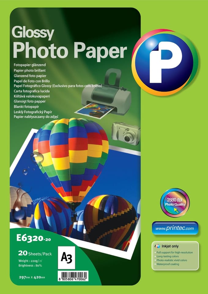 Printec Fotopapier - Glossy glanzend - A3 - 297x420mm - 220 g - 20 vel