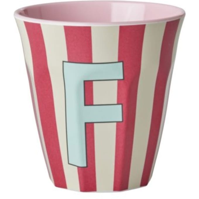 Rice melamine beker medium gestreept letter f, roze