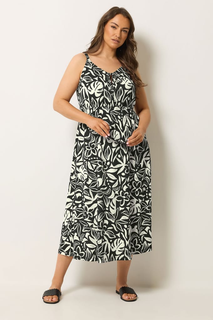 Yours Zwarte Keyholejurk Met Tropische Print Size 46