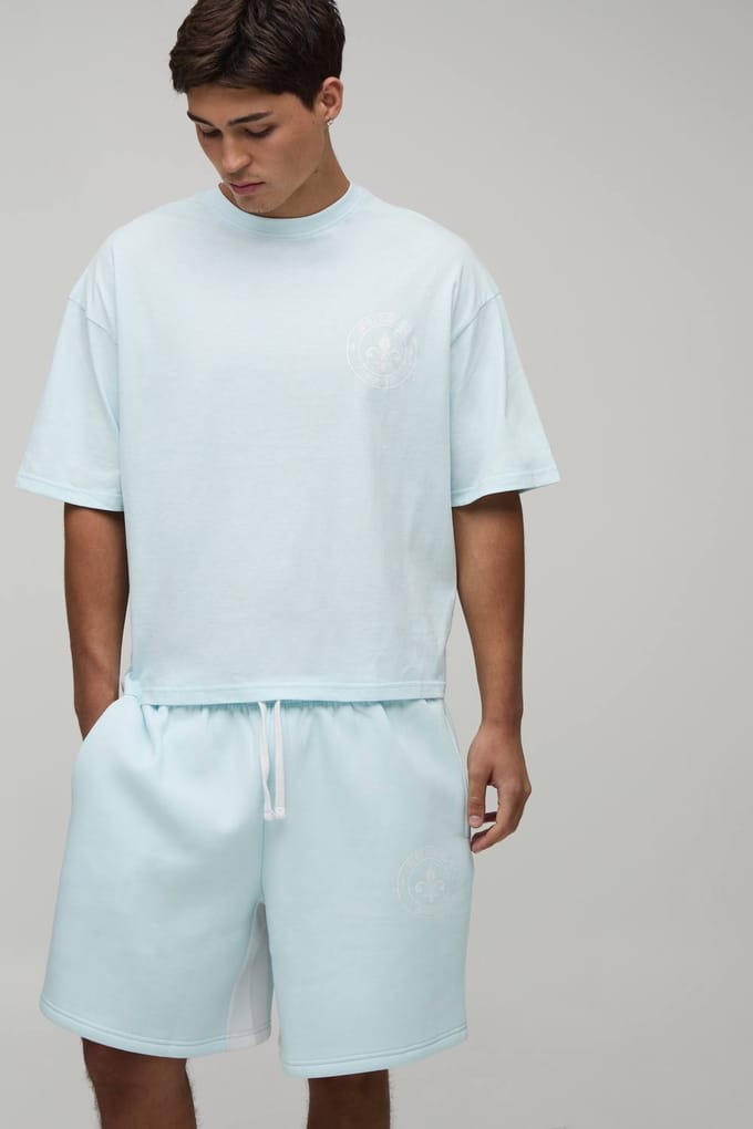 Oversized Boxy Fleur De Lis T-Shirt & Baggy Short Set | Blue | Size Medium