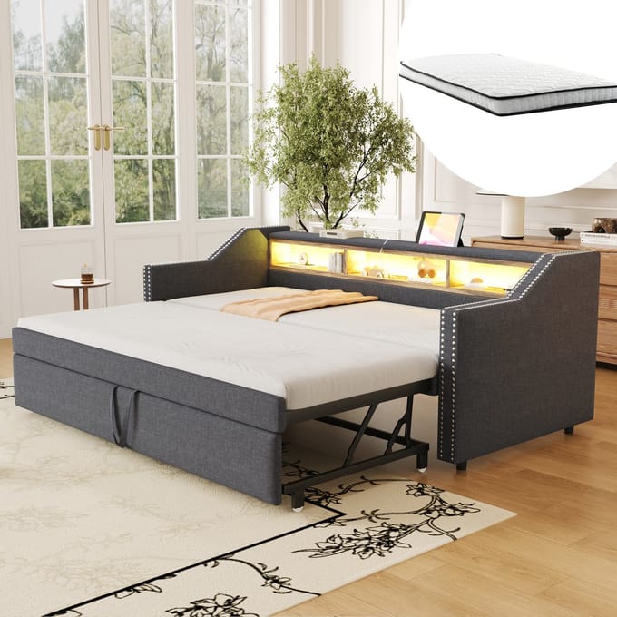 MODFU - Slaapbank – Uitschuifbaar 90/180x190 cm – Met 2 matrassen & USB – Donkergrijs