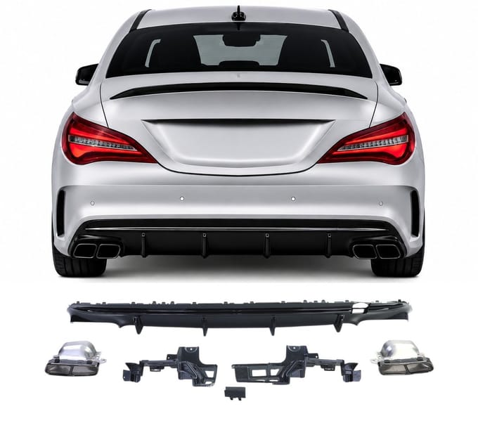 Achterdiffuser Geschikt voor Mercedes CLA C117 X117 Facelift 2016-2019 AMG Line – Hoogglans Zwart – Zwarte Uitlaatstukken.