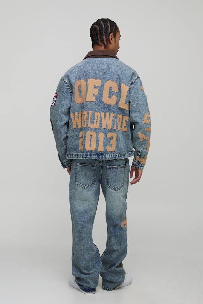 Oversized Boxy Paint Splatter Applique Denim Jacket | Antique Blue | Size Medium