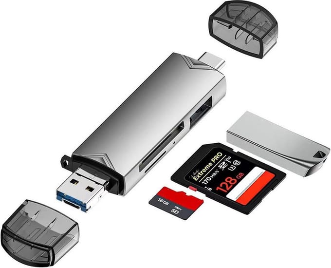 6-IN-1 USB-C + USB 3.0 + Micro-USB naar SD + Micro SD (TF) + USB 3.0 - Compact - Kabel adapter hub kaart lezer - zilver