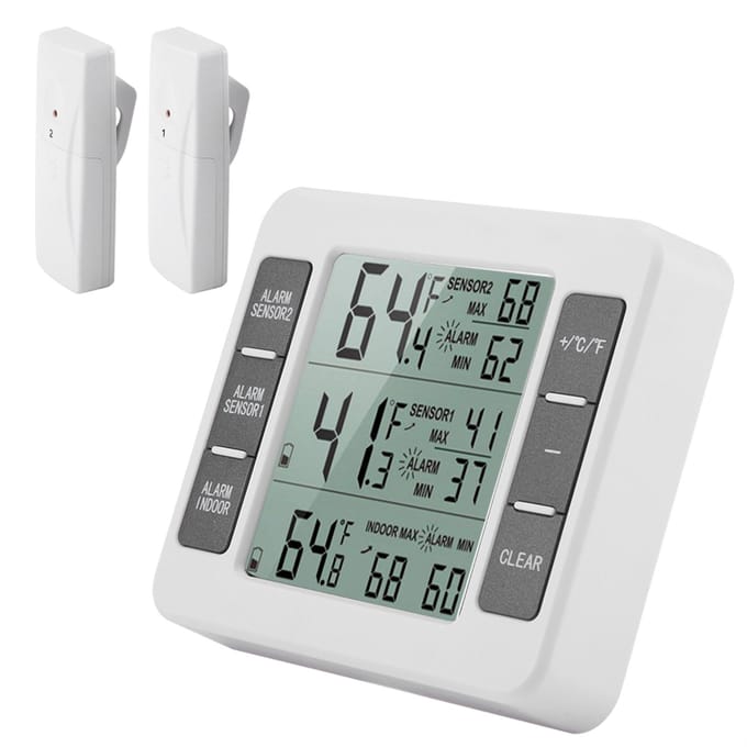 Draadloze digitale hoorbare koelkastthermometer met 2 sensoren voor min/maximum weergave wit