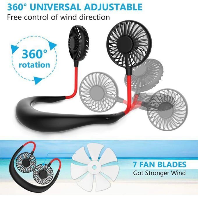 Rising FF Oplaadbare draagbare nekventilator, mini USB-ventilator 2400 mAh, dubbelkoppige luchtkoeler met 3 snelheden
