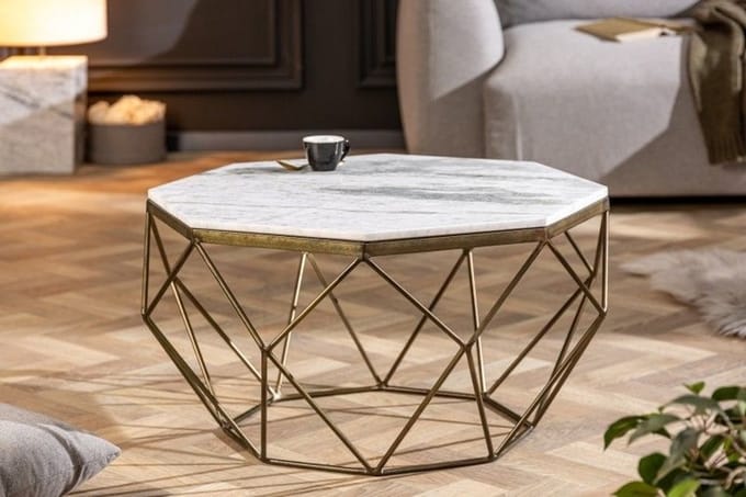 Elegante salontafel DIAMOND 70cm wit messing met marmeren blad - 40393