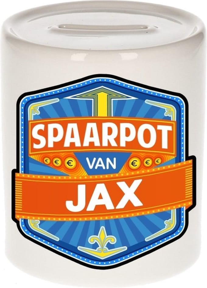 Bellatio Decorations Kinder spaarpot met naam - Jax - keramiek - met dop - wit - Sparen - Spaargeld van Jax