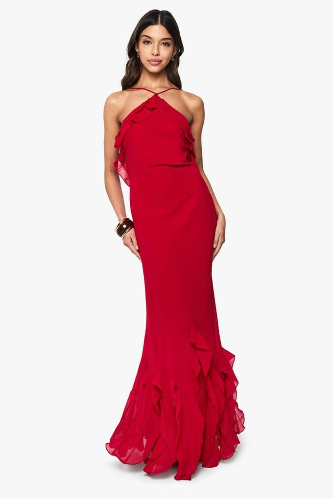 boohoo Dames Ruffle Halterneck Maxi Jurk | Rood | Maat: 44