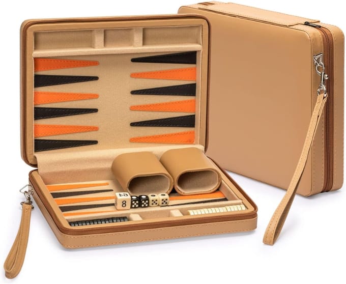 Core® Backgammon Koffer – Luxe Backgammon Set – Lederen Bordspel – Bruin- 24cm x 23cm x 1cm