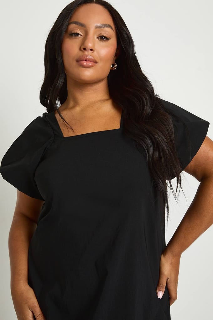 boohoo Dames Plus Drop Hem Pofmouw Midaxi Smock Jurk | Black | Maat: 16
