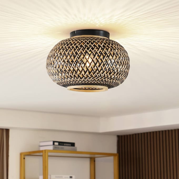 Lindby - plafondlamp - 1licht - Bamboe, ijzer - H: 25.8 cm - E27 - zwart, donker hout