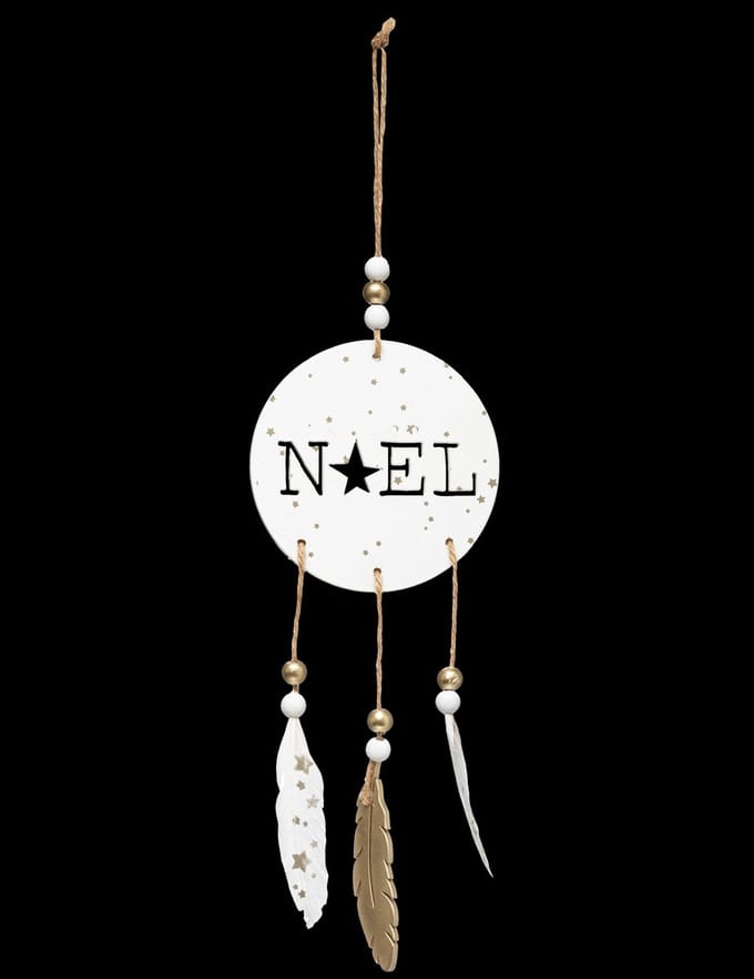 JJA - Houten kersthangdecoratie boho en veren 28 cm wit en goud