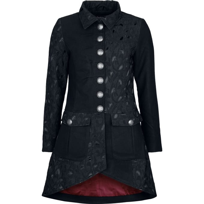 Gothicana zwarte mantel met rode voering en halfzijdige brokaat - Dames - S
