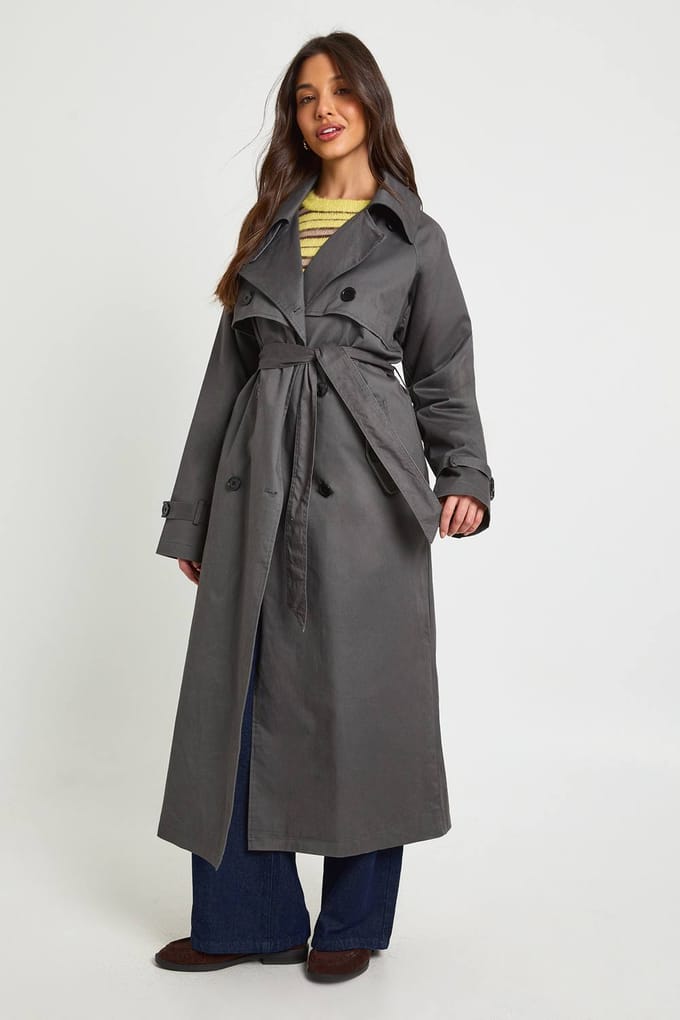 boohoo Dames Maxi dubbelgeknoopte ceintuur trenchcoat | Grey | Maat: 12