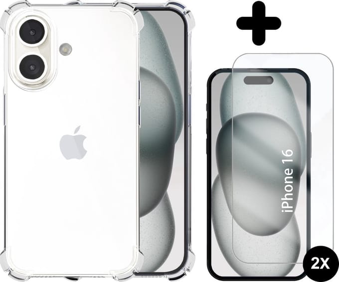 Hoesje geschikt voor iPhone 16 Transparant - 2x screenprotector - beschermglas - Anti Shock case