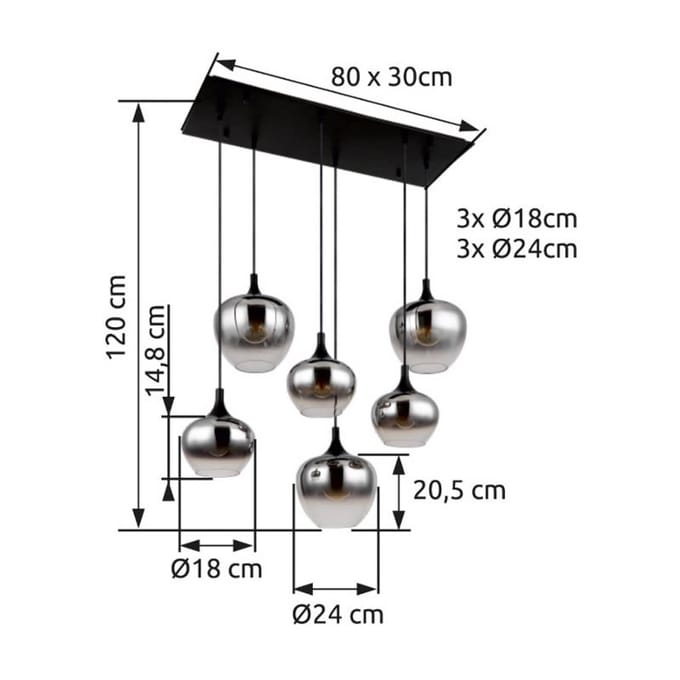 Globo Maxy hanglamp, lengte 86 cm, rookgrijs, glas, 6-lamps.