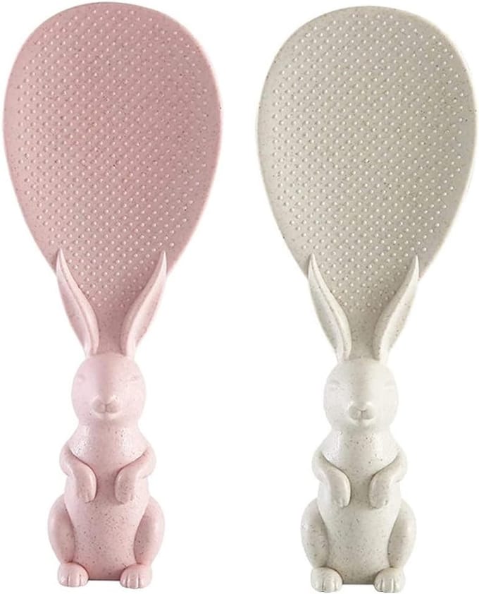 Cuhostki 2Pcs Rabbit Shape Rice Spoon Pink Cream Color PP Plastic