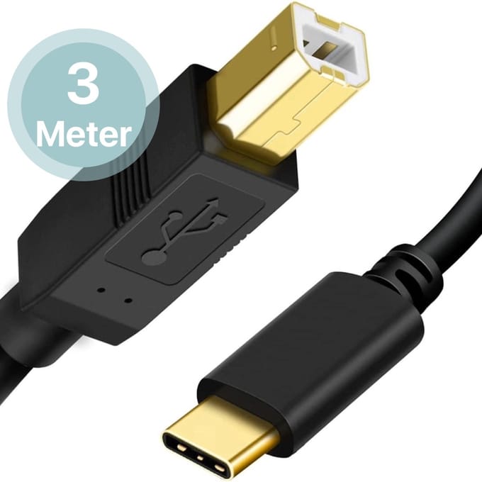 Printerkabel - 3 Meter - USB C naar USB 2.0 B Kabel - Midi Kabel USB C - Printerkabel - Geschikt voor MIDI, Midi Keyboard, Midi Controller, Midi Interface, HP, Brother, Canon, Xerox, Epson, Printer, Scanner, Fax