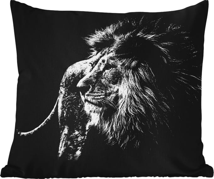 Tuinkussen - Dieren - Wild - Leeuw - Zwart - Wit - 40x40 cm - Weerbestendig