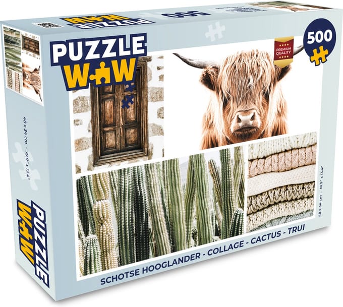 Puzzel Schotse hooglander - Collage - Cactus - Trui - Legpuzzel - Puzzel 500 stukjes