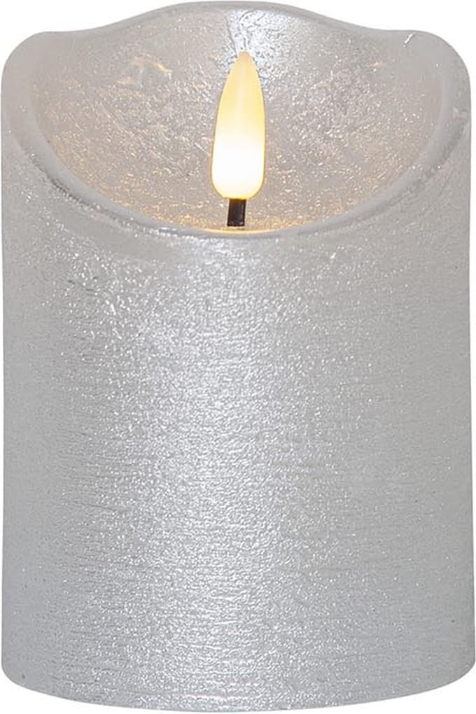 Star Trading LED echte waskaars 'Flamme Rustic', batterijen, timer, warm wit flikkerend, zilver, h 10cm, Ø 7.5cm