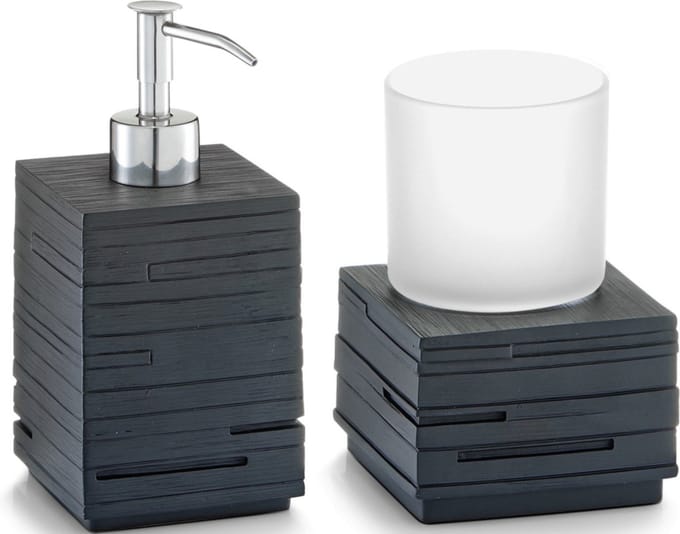 Badkamer setje zeeppompje met tandenborstel/drink beker van leisteen-look polystone