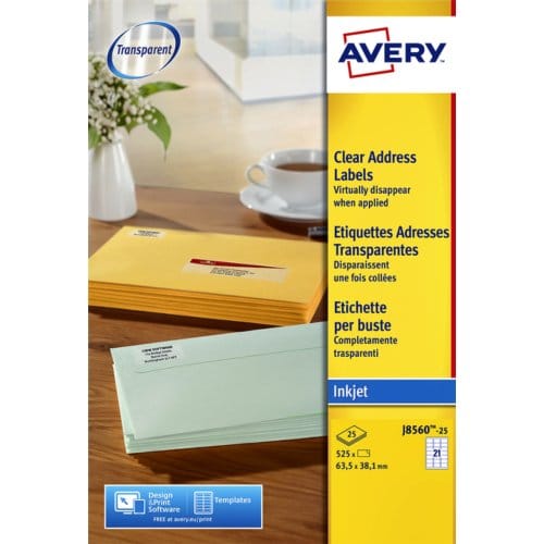 Etiket avery j8560-25 63.5x38.1mm transparant 525 Etiketten