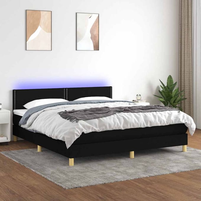 vidaXL - Boxspring - met - matras - en - LED - stof - zwart - 160x200 - cm
