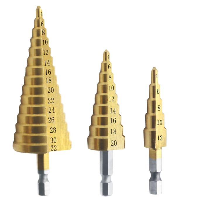 3 stks HSS Stap Boor Set 4-32mm 4-20mm 4-12mm Rechte Groef Stap boor Titanium Coated 3pcs set goud