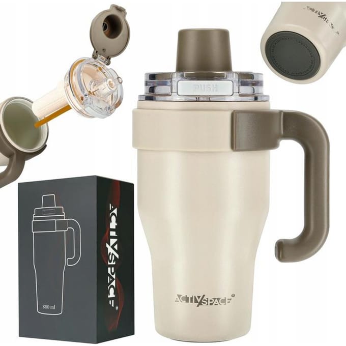 ACTIV SPACE - Thermische Beker met Rietje - 800ml - Beigekleurig - Ergonomische Handvat