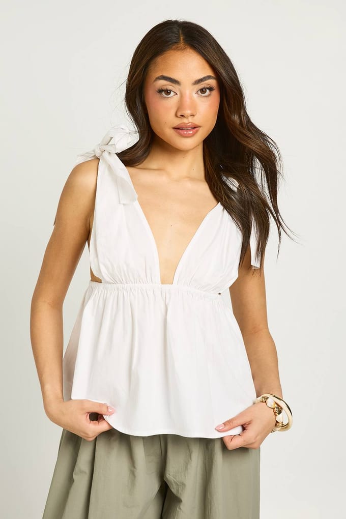 boohoo Dames Poplin Top Met Strikbandjes Op De Schouders | Wit | Maat: 34