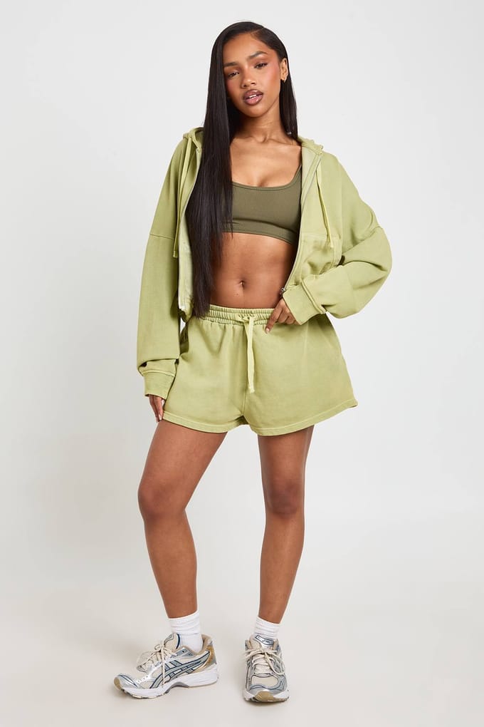 boohoo Dames Gewassen Loopback Hoodie Met Rits En Elastische Zoom | Pistache | Maat: Small