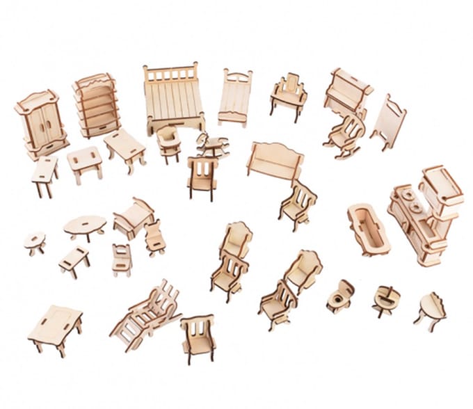Poppenhuismeubels complete set/complete inrichting 1:24 hout-lasercutting