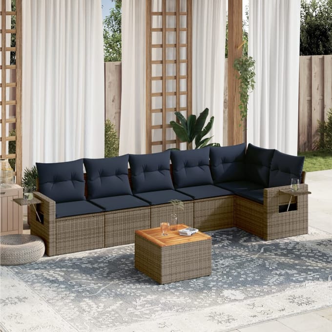 vidaXL - 7-delige - tuinbankset - met - kussens, - grijs - polyrotan