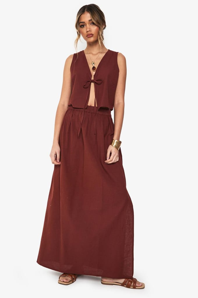 boohoo Dames Linnen look tie-front crop en maxi rok co-ord | Rust | Maat: 6