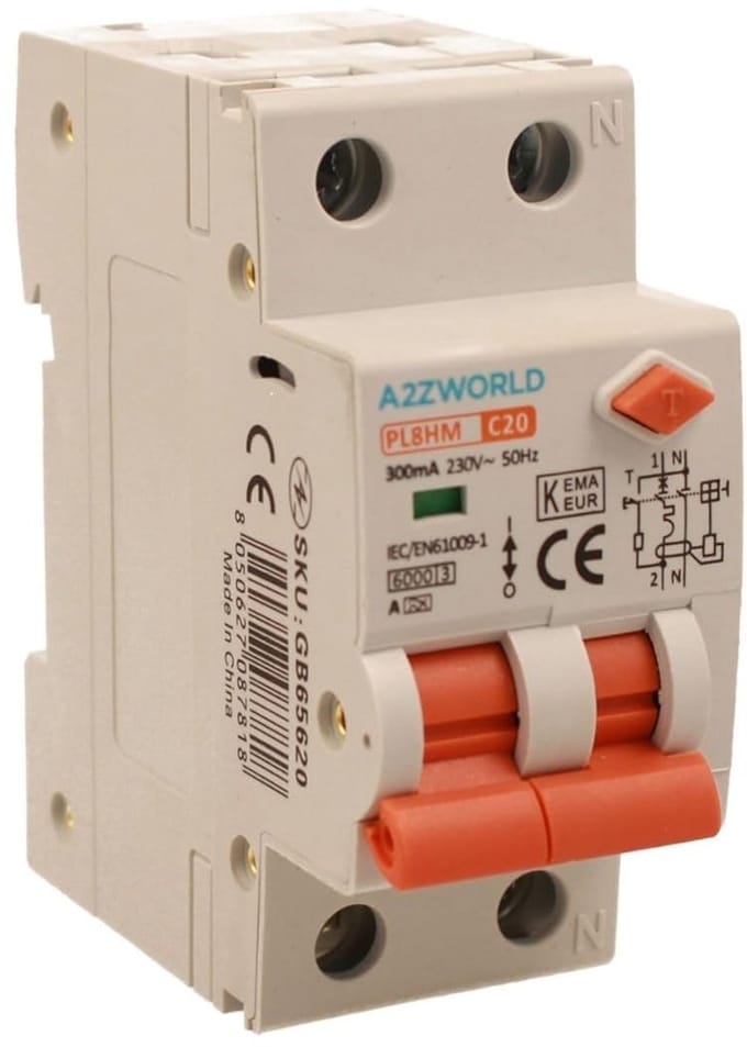 RCBO Stroomonderbreker Type A 20A C-curve 2P+N 300mA Differentieelschakelaar