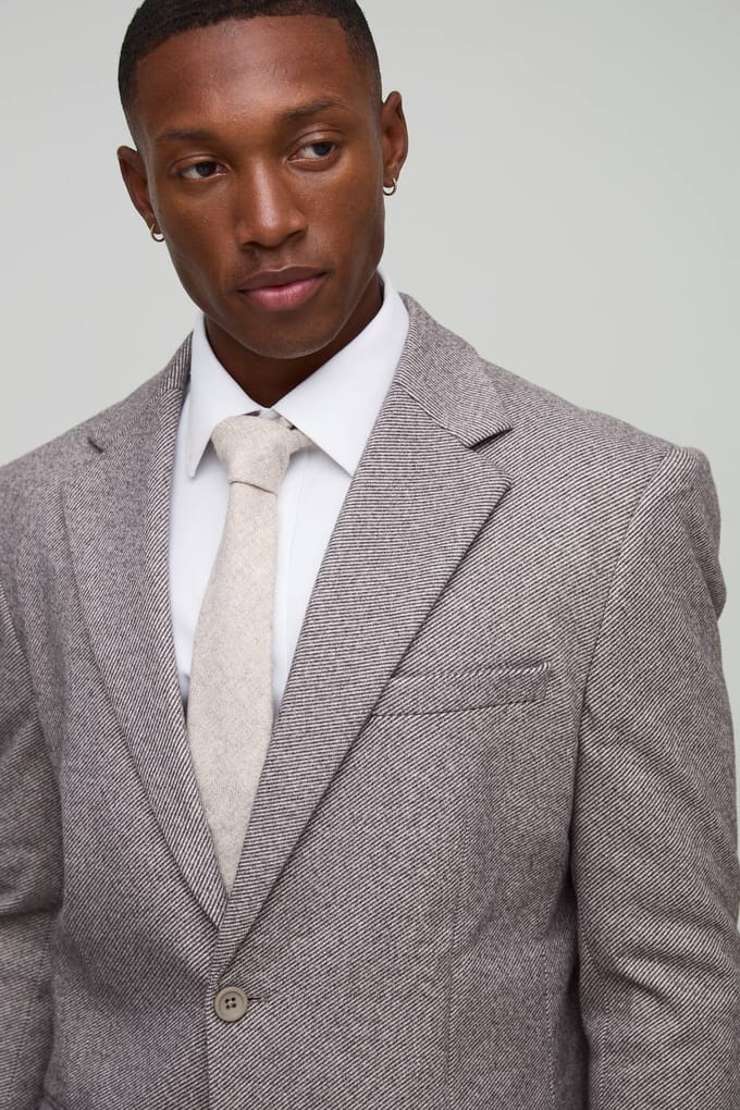 Straight Fit Herringbone Suit Jacket | Brown | Size 48