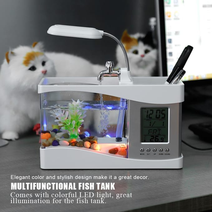 Multifunctioneel USB Oplaadbaar Mini Aquarium met Klokfunctie LED Licht Wit wit